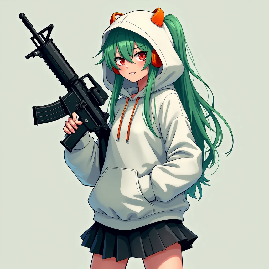 White hoodie、Black miniskirt、Her hair is long and green in color、Eye color: Red、High school girl wearing orange headphones, no bag、With an assault rifle、Put your hair in your hoodie