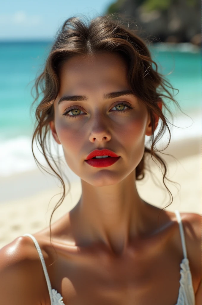 national geograhic photo of JoSkriver beautiful woman hair , double bun, freckles, moles, skin textures,  posing on cosmic beach, full red lips, (masterpiece) (best quality) (detailed) (8k) (HDR) (wallpaper) (cinematic lighting) (sharp focus) (intricate)