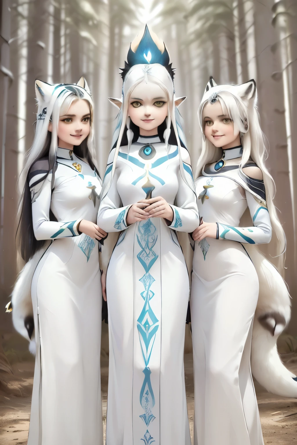 (((three girls)), white and gold clothes, lots of decorated costumes, (full body) Take photos of the most beautiful artwork detailed, Intricate details, High detail, Ultra realistic, Hidden armor, proportions, Realistic anthropomorphic art, (Anthropomorphic art!!!, (((Females Human Arctic Fox priest)), Forest, very, very beautiful human art, realistic, 8k, 