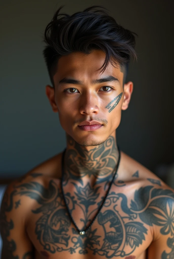 a 20-year-old American boy, thin and muscular, and covered in tattoos. He is tall, has cropped dark black-brown hair, deep brown eyes, a charming white smile, and a deep dimple on his left cheek. He also has a cut on one of his eyebrows.
