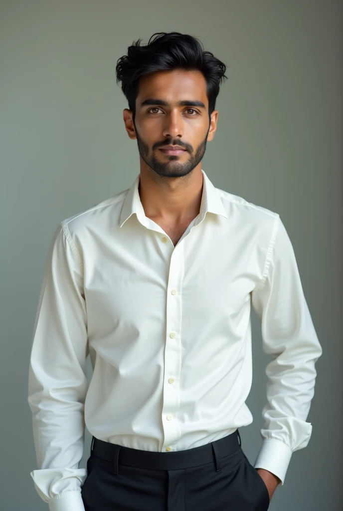 A indian young man with black touser  and white shirt 