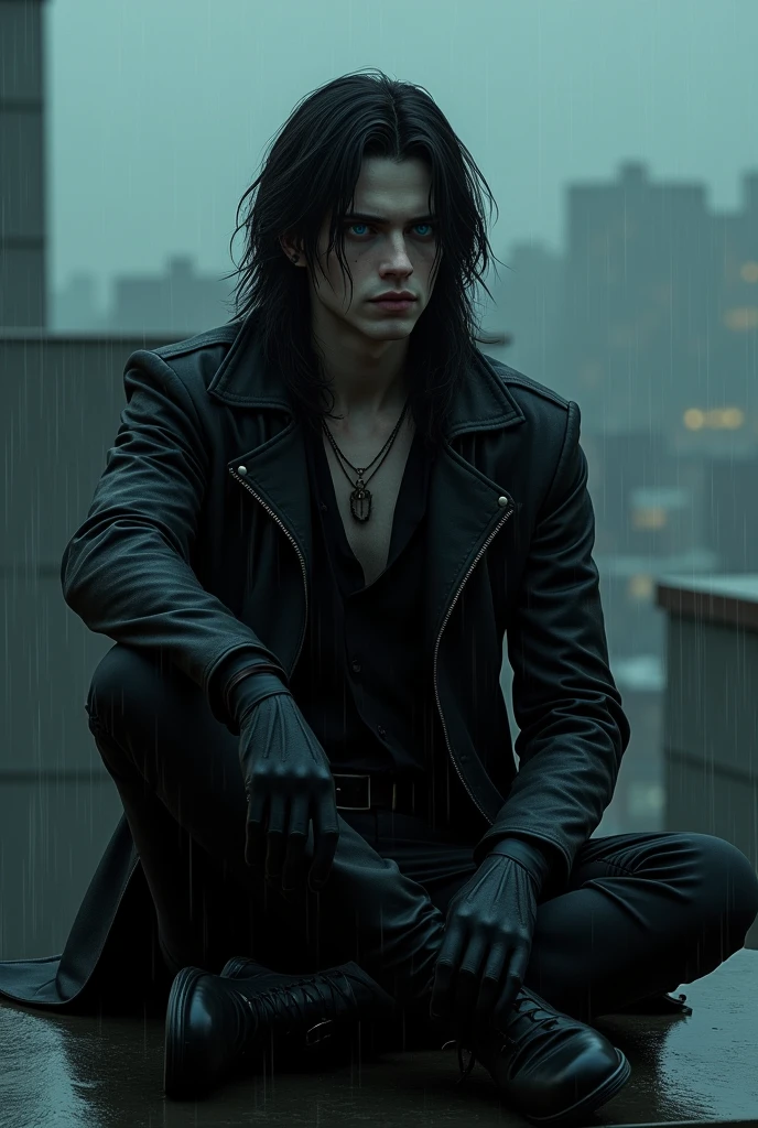 A sexy male with teal blue eyes and long black hair, with a nice and delicate face, dressed in all black gothic clothes, weaeing a black leather jeans. His skin is pale and white. He's smoking while sitting on the edge of the rooftop. It's raining. He looks all gloomy.

