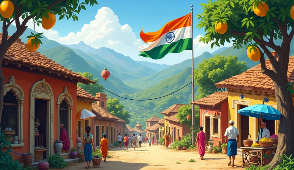 Make an indian village on loc with an indian flag on it.