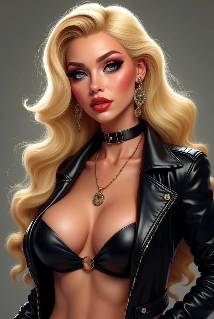 Blonde bimbo girl with chola makeup 90s glam and black jacket