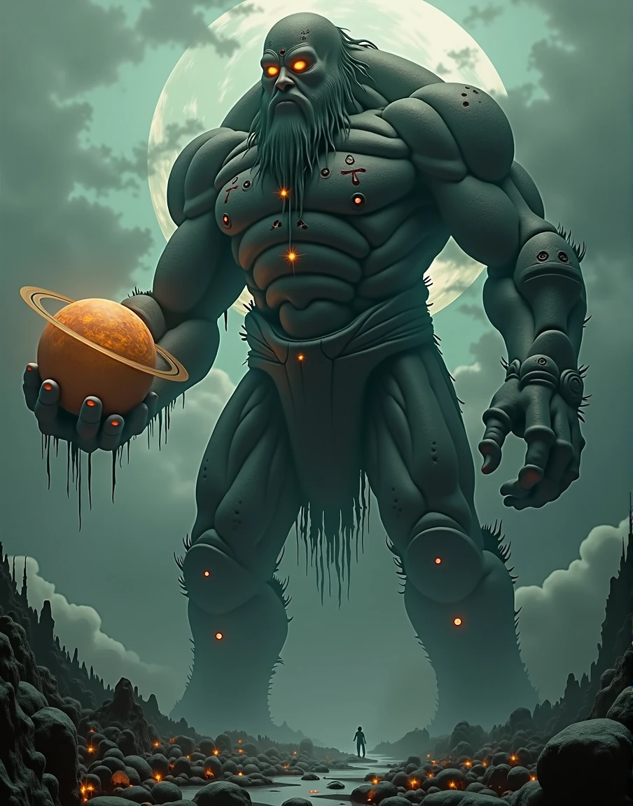 4k highly detailed realistic digital extremely high quality RAW photograph, dark arabian fantasy in the style of hp lovecraft, highly detailed Earth Golem, he gigant and have planet Saturn in your hand, magik protection