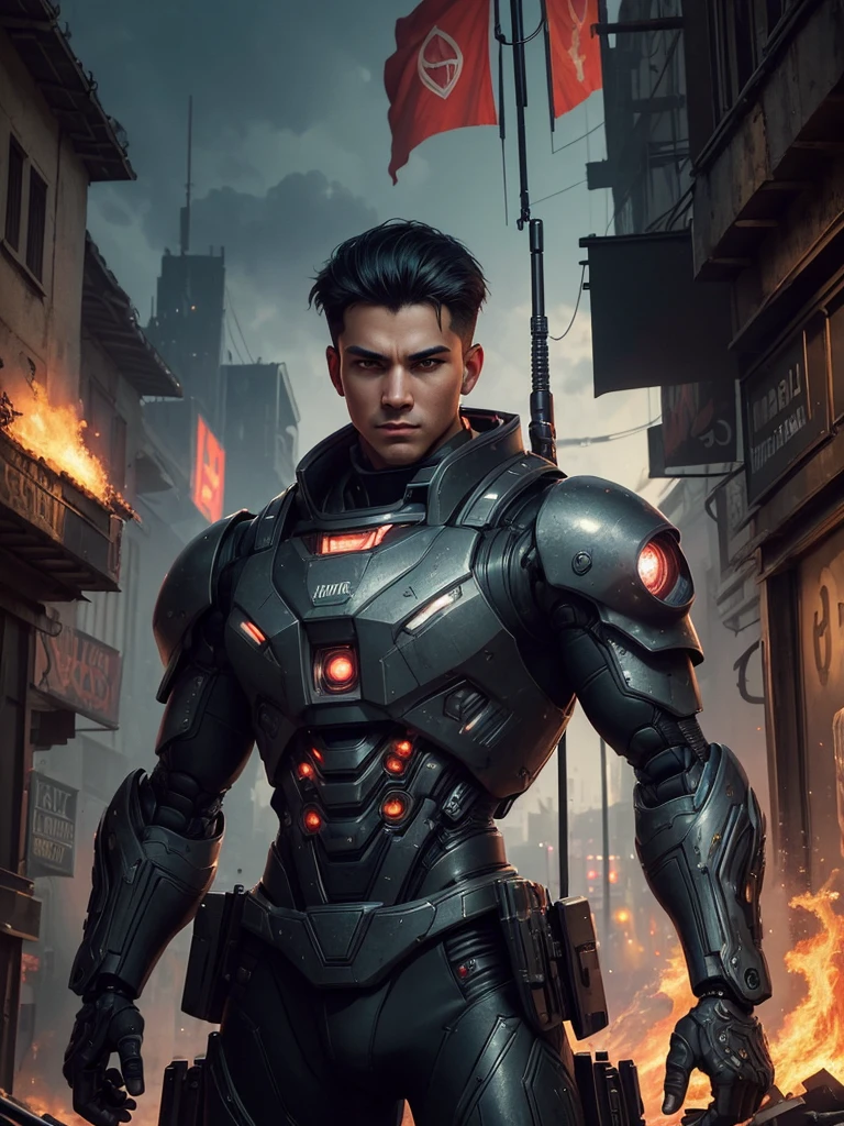 a highly realistic, highly detailed, sharp and clear portrait of a pro camera medium shot, a young couple of 20 year old philipinos, with clean and highly detailed facial and skin textures, straight black hair, with robotic tactical clothing accessories, they are holding futuristic sniper automatic weapons (highly intricate and detailed), posing at the ready with a highly detailed and elaborate transformer prime robot, looking aggressive and powerful, the couple looking dashing with headbands labeled "NKRI" ,"🇮🇩" (text and flags are clearly visible and legible according to spelling and letters without flaws), positioned in front of the robot, the robot character seems to be a bodyguard. dark cyberpunk city setting with sparks in the air and huge flames.hightly masterpiece,UHDR
(masterpiece, best quality, ultra detailed:1.6), illustration, (detailed eyes:1.2), city street, , otherworldly, fantasy, cinematic lighting, vibrant colors, dramatic composition, intricate details, magical realism, whimsical atmosphere, environmental storytelling, imaginative architecture, dreamlike setting