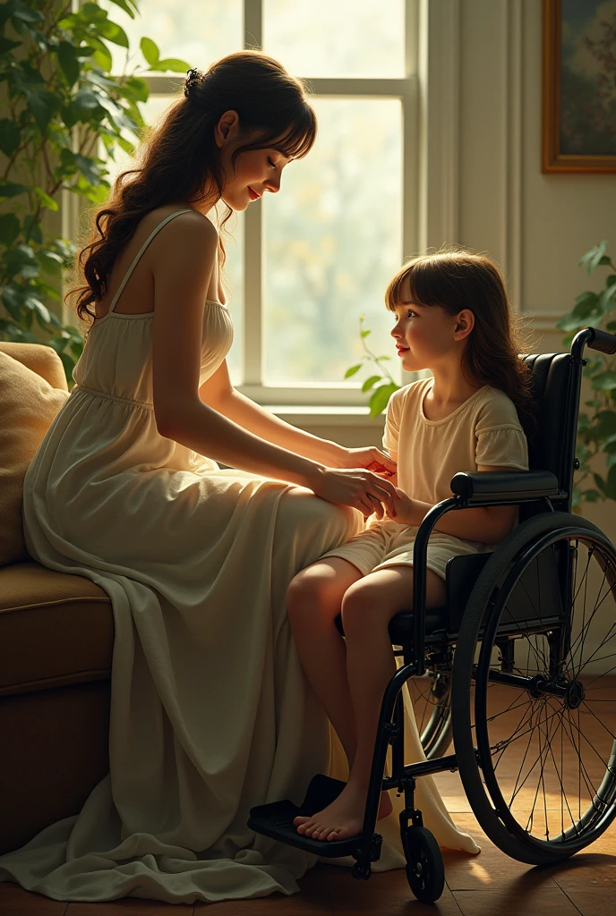 (photorealism:1.2), beautiful woman, cute young girl in a wheelchair, bare feet, indoors, soft lighting, plants in background, window with sunlight, cozy room, relaxed pose, realistic, intricate details, warm colors, by Greg Rutkowski, by Alphonse Mucha,