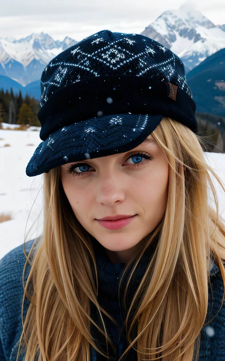 woman girl pretty blonde long hair, blue eyes, Mountains, winter, Hut, Cap