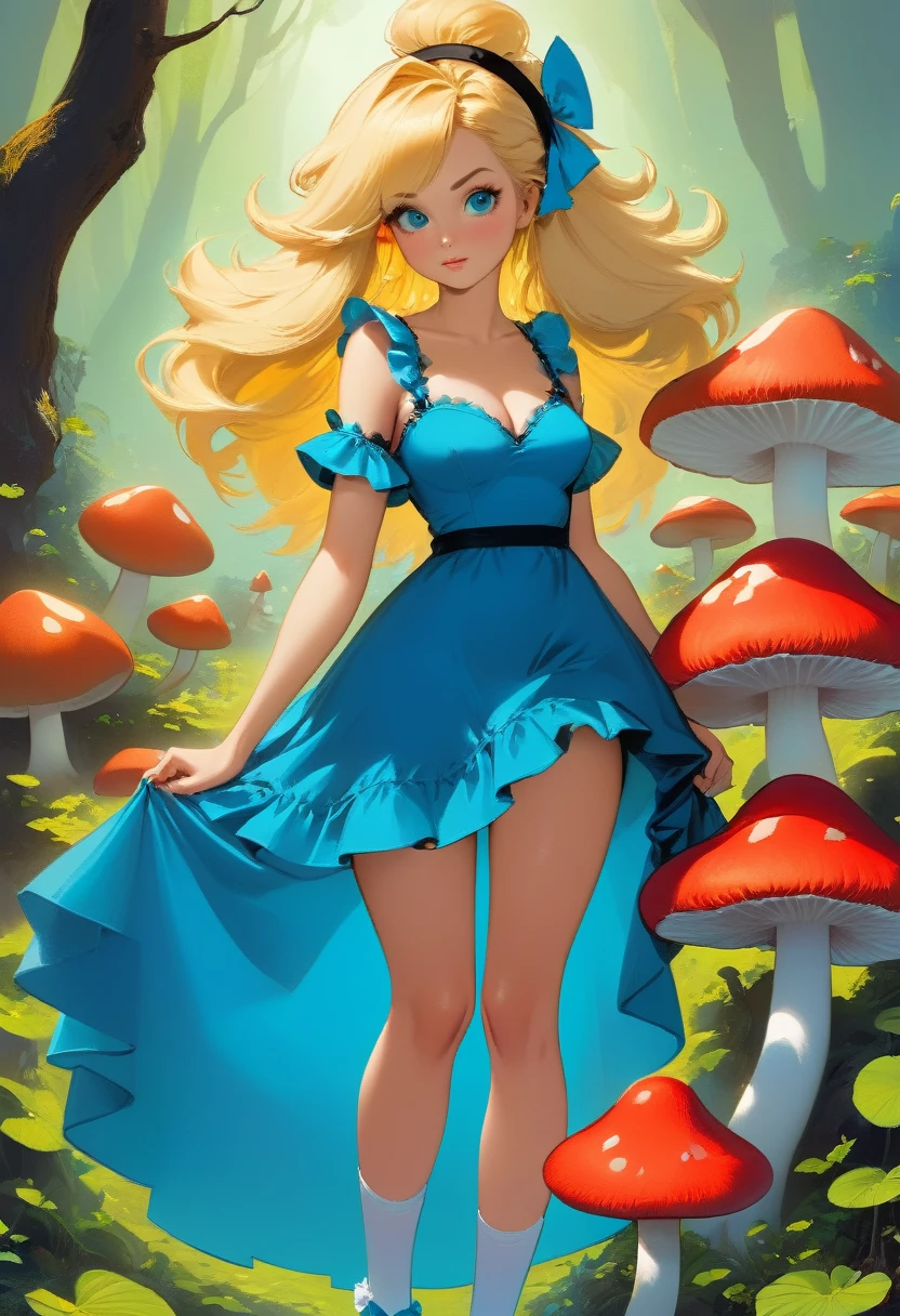 a beautiful 20 year old blonde woman with big messy hair in a blue dress, white stockings, black headband, cleavage, holding a glowing mushroom, fantasy art style, rossdraws cartoon vibrant, alice x. zhang, alice in wonderland cyberpunk, cute detailed digital art, colorfull digital fantasy art, digital fantasy art ), glossy digital painting, rossdraws pastel vibrant, rossdraws 2. 5, rossdraws 1. 0