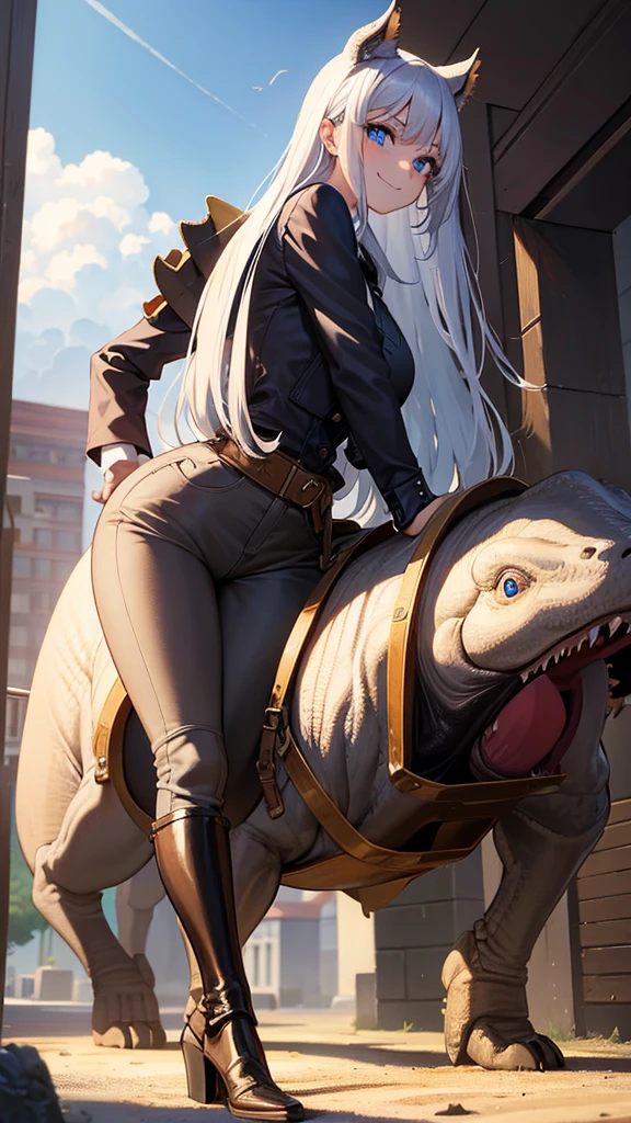 masterpiece, beauty, ultra quality, complete absurdity, 8K Cute Girl Riding Dinosaur, sign of welcome,
Young woman, long hair, White hair, blue eyes, dug up, pants, boots, smile, construction, cutie, looking at the viewer,
Tyrannosaurus rex, huge, formidable, looking at the viewer, brown skin, Hunter's Eyes, scary look,
