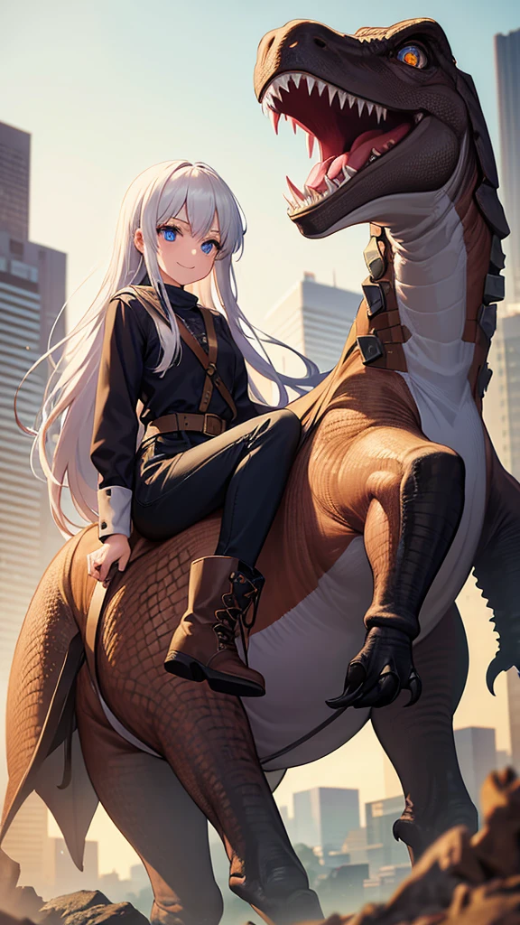 masterpiece, beauty, ultra quality, complete absurdity, 8K Cute Girl Riding Dinosaur, sign of welcome, 
Young woman, long hair, White hair, blue eyes, dug up, pants, boots, smile, construction, cutie, looking at the viewer,

Tyrannosaurus rex, huge, formidable, looking at the viewer, brown skin, Hunter's Eyes, scary look, 