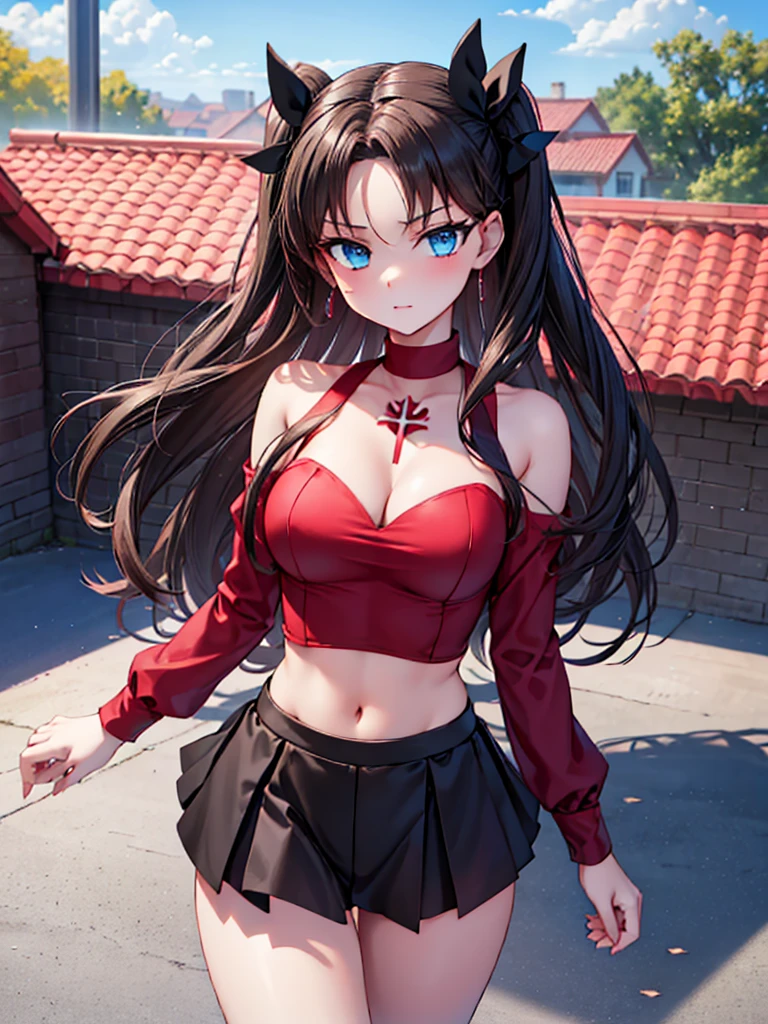 Rin Tohsaka, she is standing looking at the viewer playing with a lock of her hair, your face flushed very excited, fully body, work of art, top quality picture, super resolution, High definition, 4K, full hd, well defined and detailed image in the smallest details, she is on the roof of the school, she is wearing a red blouse that shows off her belly, and her shoulders with long black sleeves, her breasts are exposed in a small cleavage, She is only wearing a pair of sexy, short black panties that make her even sexier., and long black socks, she is on the school terrace