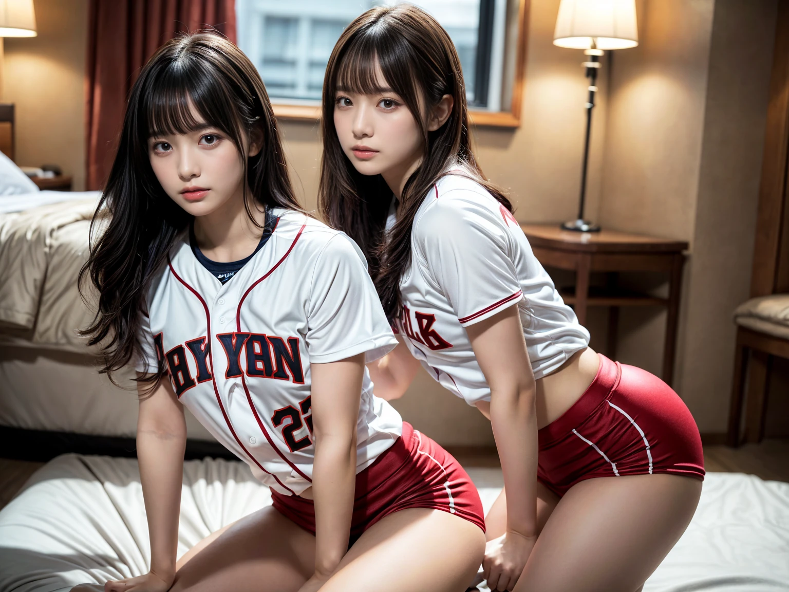 masterpiece, best quality, illustration, Super detailed, fine details, High resolution, 8K,wall paper, perfect dynamic composition,(Details High quality, realistic depiction of eyes:1.3), (2 girls), ((Baseball Uniforms), a miniskirt, Toned buttocks), sitting, open legs, short bob hair, in a hotel room in the background, deep on field, large breasts, black hair color, Big Natural Color Lip, (perfect body shape), crying a little、Harajuku style、20 year old girl、cute type、beautiful legs, Gravure Idol