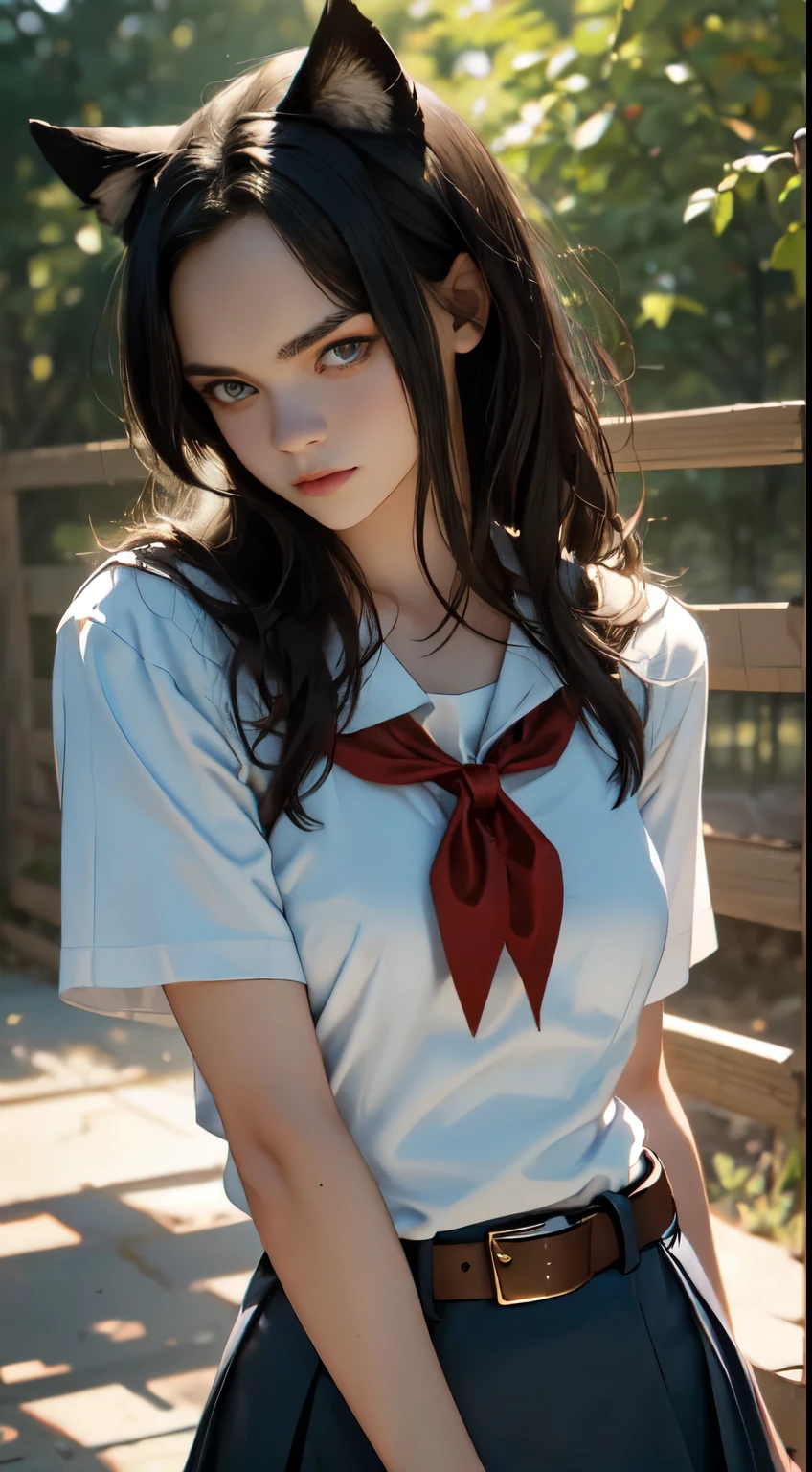 very young slim fit girl, pioneer neckerchief, very short blue skirt, bangs, collarbone, tight white shirt, bursting breast, short sleeves, collared shirt, belt, red neckerchief, full height, rounded face, very long straight hair, big brown eyes, evil smile, perfect flat breast, band on head with fake cat ears, chri5tinaricci9899, realrussian, seductive pose, looking at viewer, 8k vector photography, young teen, beautiful eyes, realistic lighting, detailed outfit, realistic facial features, hyper detail, masterpiece