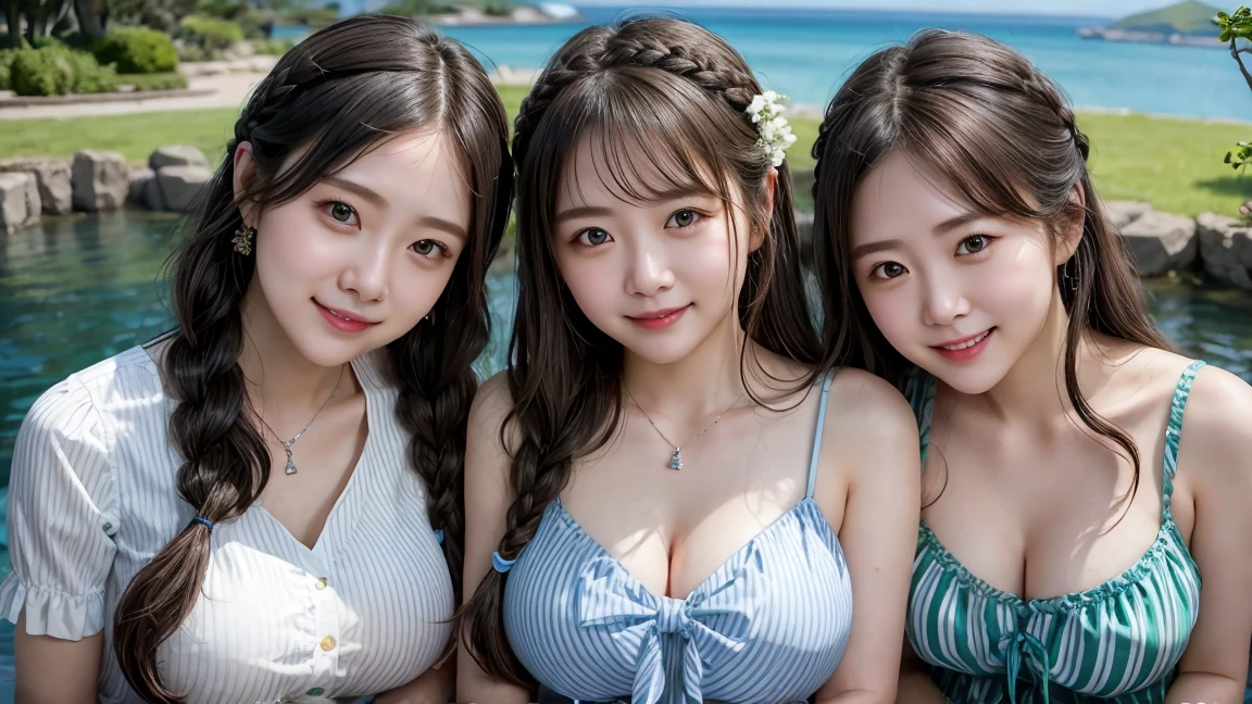 ( 3 girls),smile、Look into the camera、Diamond necklace、long hair braid (Chest island dress), exposed upper arms、Blue-green striped knee-length socks Extra long twin tail hair、close range shooting、Flower Hair Ornaments、Blindfold、Garter、 Masterpiece, Highest quality, 8ก, beautiful girl, young face、 photography, Cute face, thigh,waterfall,、รอยsmile、small waist,(((The chest is erect.:1.0)))(((round chest:1.0)))(((big breasts:1.2)))