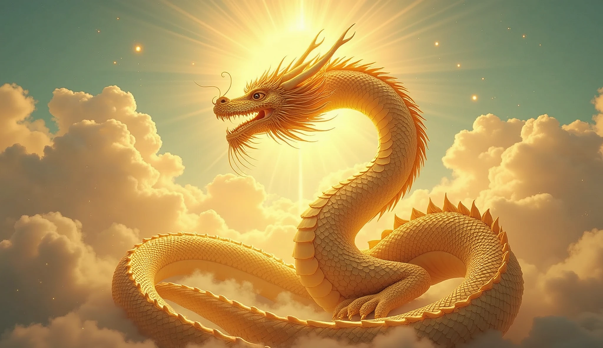 "Create an illustration of a golden dragon deity. It should have serpent-like, metallic scales, ascending upwards, against a clear and bright sky. This illustration embodies spirituality, the realm of the spirit, chakras, the spiritual world, and a fantastical atmosphere. in the garden of Eden 32k UHD"