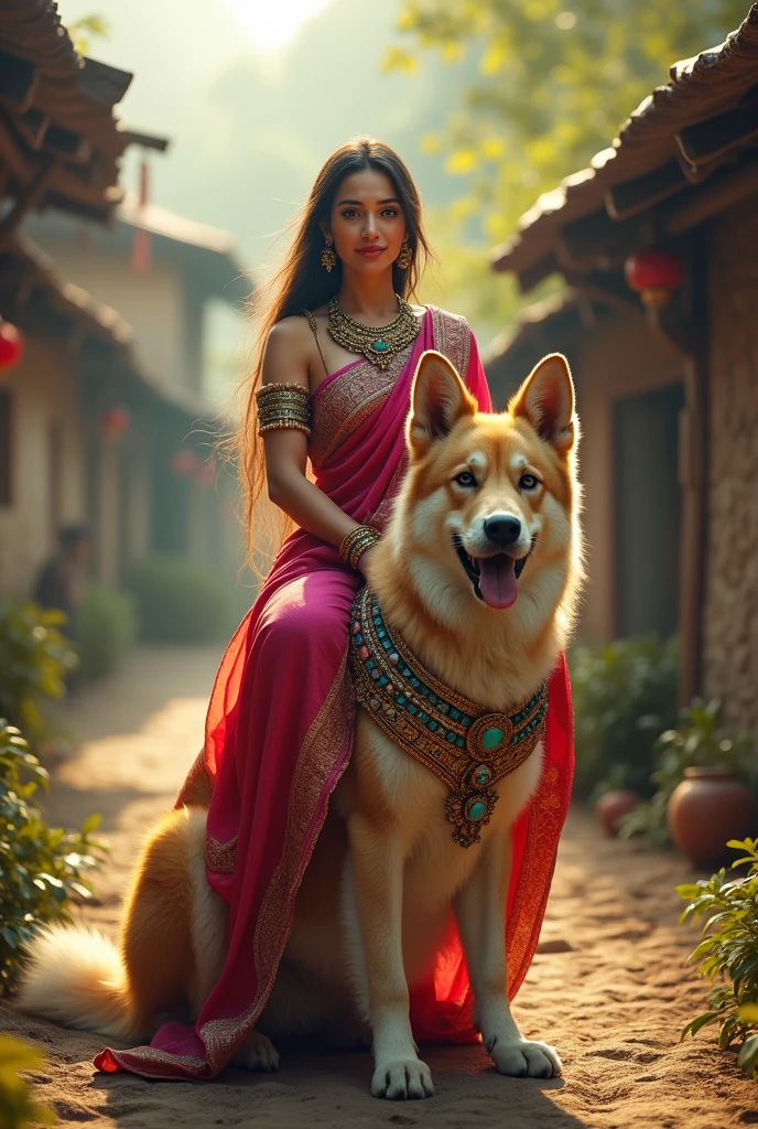 A goddess sitting on a dog and the background should be of a cinematic village and that goddess should be full saree and Rich kundan blouse