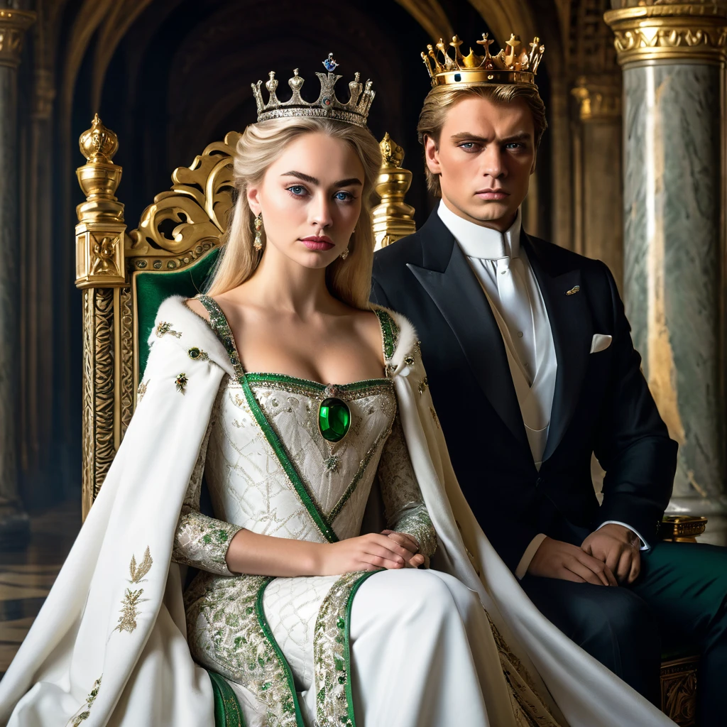 Create the image of a King and a Queen. The king is sitting on his throne with a dominant and somber posture.. He is Machiavellian. He is tall and has a defined body and is wearing the clothes of a sovereign.. The Queen is on a throne a little below the king representing that she is submissive to him.. She has a posture of loyalty to the king and an equally somber face showing that she supports the king.. Her throne is on the right hand of the king.. She is blonde and young with green eyes., She's wearing an elegant dress, female and white. There is also a third throne where the king&#39;s second wife sits, who is also the Queen&#39;s lover.. This one is on a throne below the king and queen and is extremely submissive even more than the queen and has brown hair and is wearing shorter and sexier clothes..