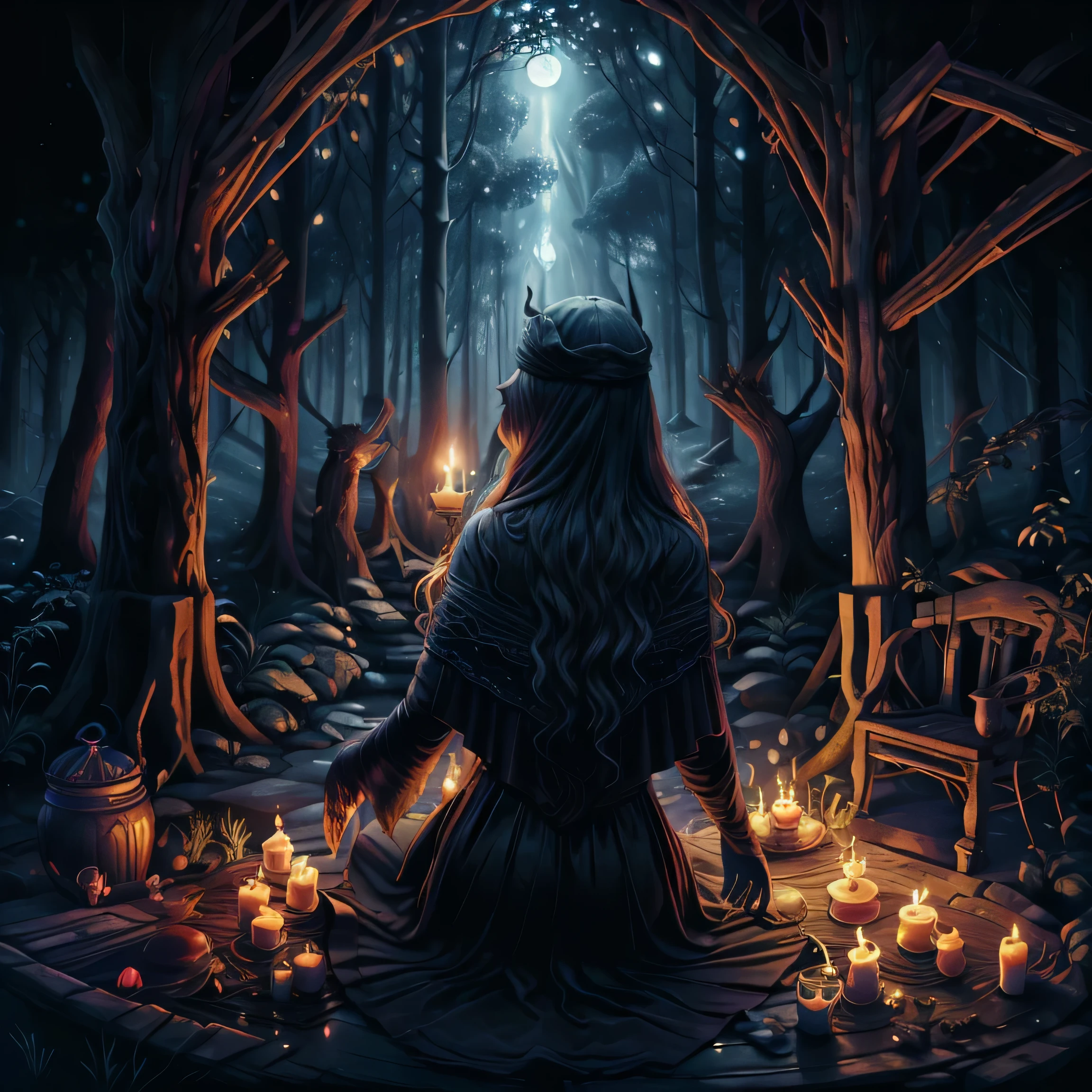 In the midnight hour, under a pale moonlight,
Whispers of the ancient ones, dancing in the night.
Candles flicker, casting shadows on the wall,
Summoning the spirits from the depths they call.

[Chorus]

Shadows of the coven, we rise from the deep,
In the twilight's embrace, where the shadows creep.
Underneath the veil, where the secrets lie,
In the witching hour, we come alive.

[Verse]

Through the forest dark, where the owls cry,
Hidden paths of mystery, where the spirits fly.
With the cauldron's brew, and the ancient spell,
We weave our magic in a silent, secret swell.

[Chorus]

Shadows of the coven, we rise from the deep,
In the twilight's embrace, where the shadows creep.
Underneath the veil, where the secrets lie,
In the witching hour, we come alive.

[Bridge]

Echoes of the past, in a haunting refrain,
We dance with the ghosts in the moonlit rain.
Bound by the night, by the mystic's decree,
In the circle of the shadows, we are set free.

[Chorus]

Shadows of the coven, we rise from the deep,
In the twilight's embrace, where the shadows creep.
Underneath the veil, where the secrets lie,
In the witching hour, we come alive.

[Outro]

In the silence of the dawn, as the shadows fade,
We retreat to the darkness, where the magic's made.
Until the night returns, and the spirits sigh,
We'll awaken once more, beneath the starlit sky.