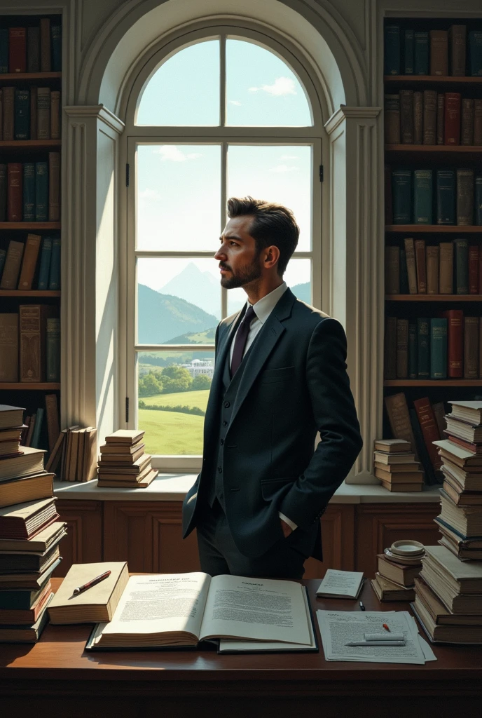 Une homme regardant le paysage à travers une fenêtre de chambre entouré de livres de finances