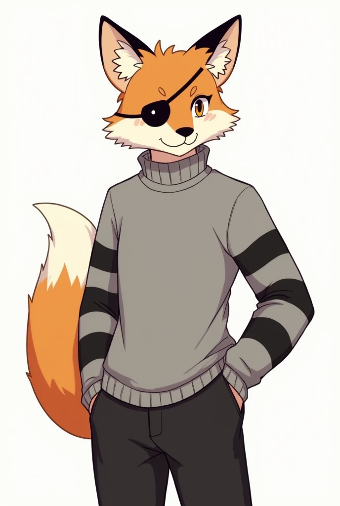 Illustration of an orange and white fox、soft and fluffy fur, male, Add a pirate eye patch to the left eye、black long pants、normal physique、age15、Add a long sleeve sweater,grey color with black stripes、Clothes up to the waist、Illustration of only the upper body from the waist up.