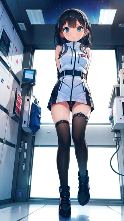(Highest quality), (masterpiece), 1080P, High resolution, 4K, 8k, Inside the space station、Futuristic room、Thigh straps, Shooting from directly below, The woman on top of me, 白いSweat, Covered , Sweat, Woman looking down, Skirt swimsuit, Thigh-high socks, To achieve this, , , whole body, Black leather shoes, Braided hair, Inner Color, Embarrassed face, Short black hair, bracelet, Bedroom,celestial body_Vest