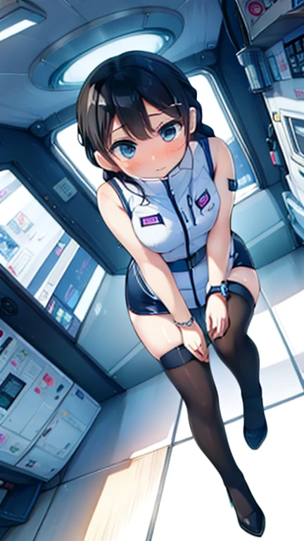 (Highest quality), (masterpiece), 1080P, High resolution, 4K, 8k, Inside the space station、Futuristic room、Thigh straps, Shooting from directly below, The woman on top of me, 白いSweat, Covered , Sweat, Woman looking down, Skirt swimsuit, Thigh-high socks, To achieve this, 16 years old, , whole body, Black leather shoes, Braided hair, Inner Color, Embarrassed face, Short black hair, bracelet, Bedroom,celestial body_Vest