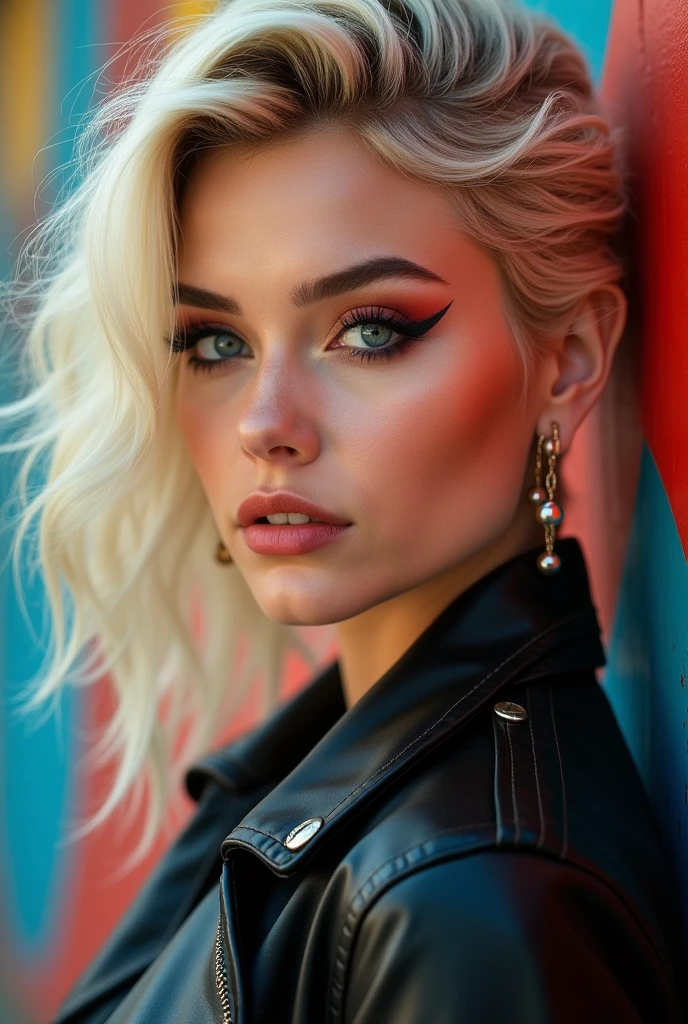 Blonde bimbo girl with chola makeup 90s glam and black jacket young face