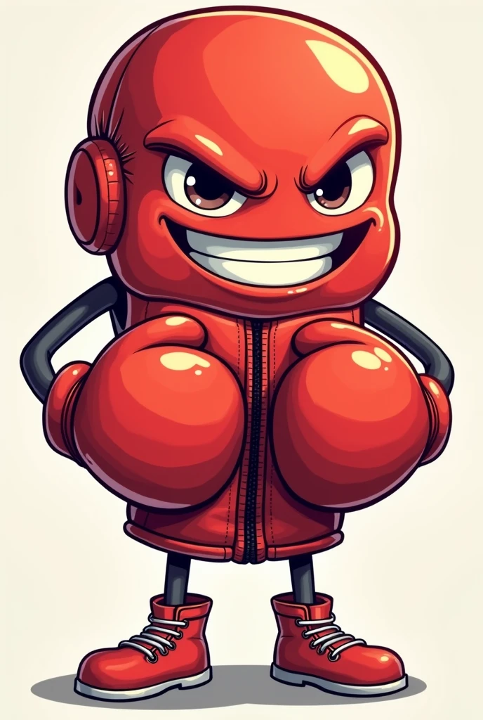 Cartoon of a humanoid boxing glove with gloves on hands. The main glove with a confident attitude