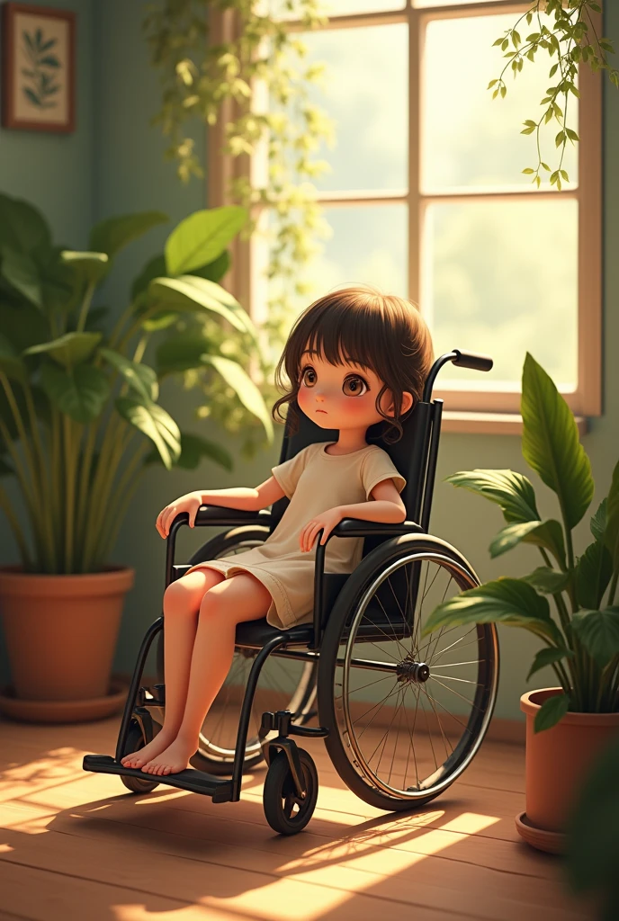 (photorealism:1.2), cute young woman in a wheelchair, bare feet, bikini, indoors, soft lighting, plants in background, window with sunlight, cozy room, relaxed pose, realistic, intricate details, warm colors, by Greg Rutkowski, by Alphonse Mucha,