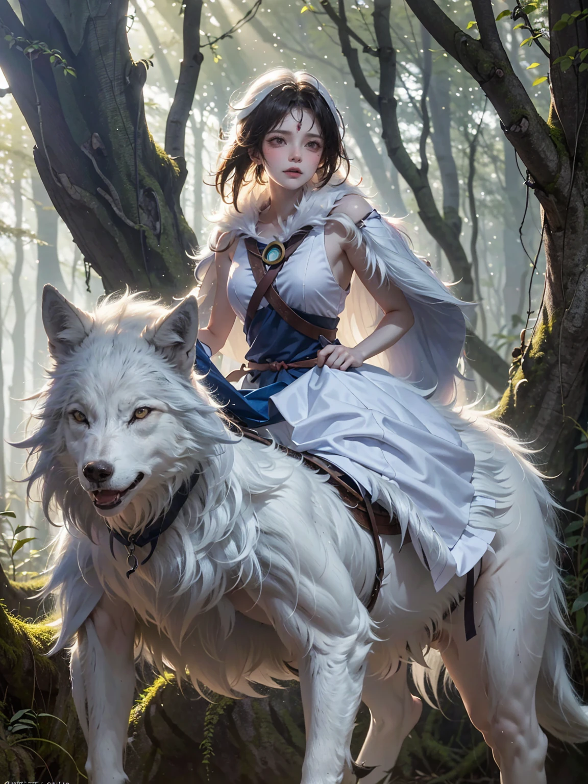 Create a detailed and mystical image of San, the protagonist from Princess Mononoke,黒い髪,(( riding a large, white wolf through a dense)), ancient forest. The scene should capture the magical and ethereal atmosphere of the forest, with tall, moss-covered trees, and shafts of light filtering through the thick canopy. San should be depicted in her iconic attire: a white fur cloak, tribal markings on her face, and a determined, fierce expression. The white wolf should appear powerful and majestic, with a calm but alert demeanor. The overall mood should convey a deep connection between San, the wolf, and the natural world around them, evoking the spirit of the forest,顔アップ