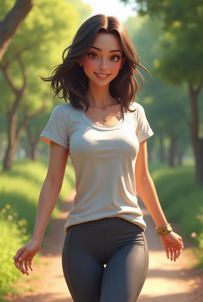 Create a realistic portrait of a 30-year-old female nutritionist with shoulder-length dark brown hair and warm, friendly eyes, enjoying an outdoor activity. She is dressed in casual, sporty attire, like a t-shirt and yoga pants, with a backdrop of a sunny park or trail. The setting and her active stance highlight her belief in a healthy, balanced lifestyle that includes physical activity.