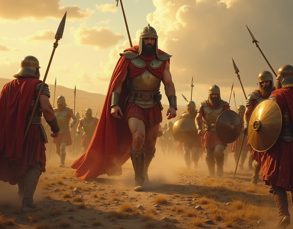 The Philistines, running in fear, and the 3 meter giant goliath fell to the ground