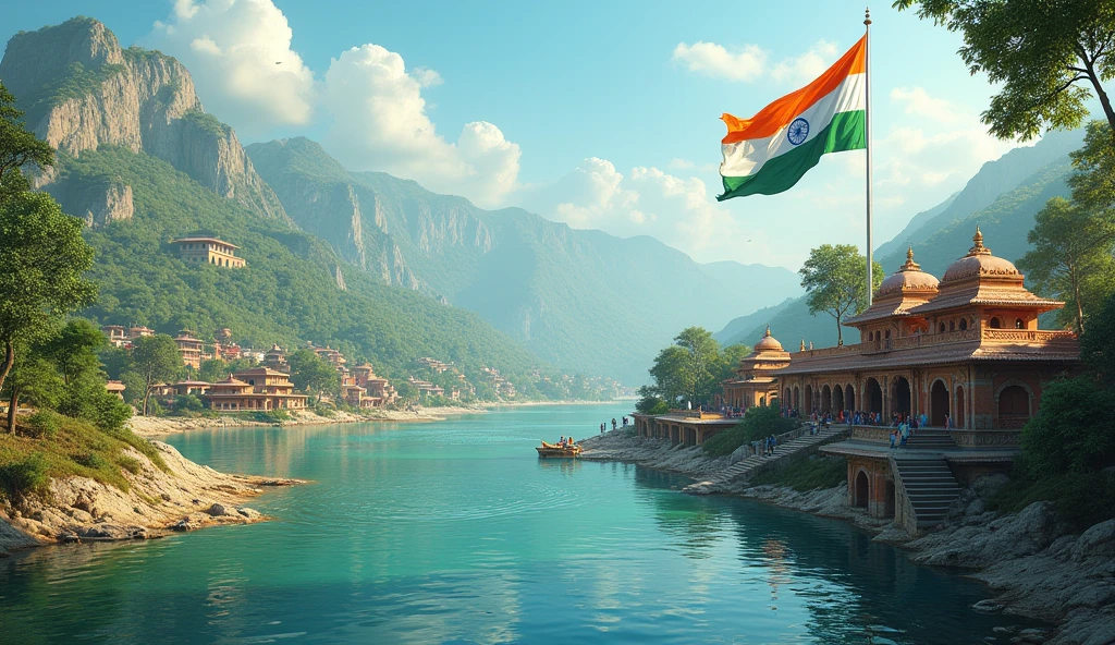 Make an indian village on loc with an indian flag on it and in front having a huge river