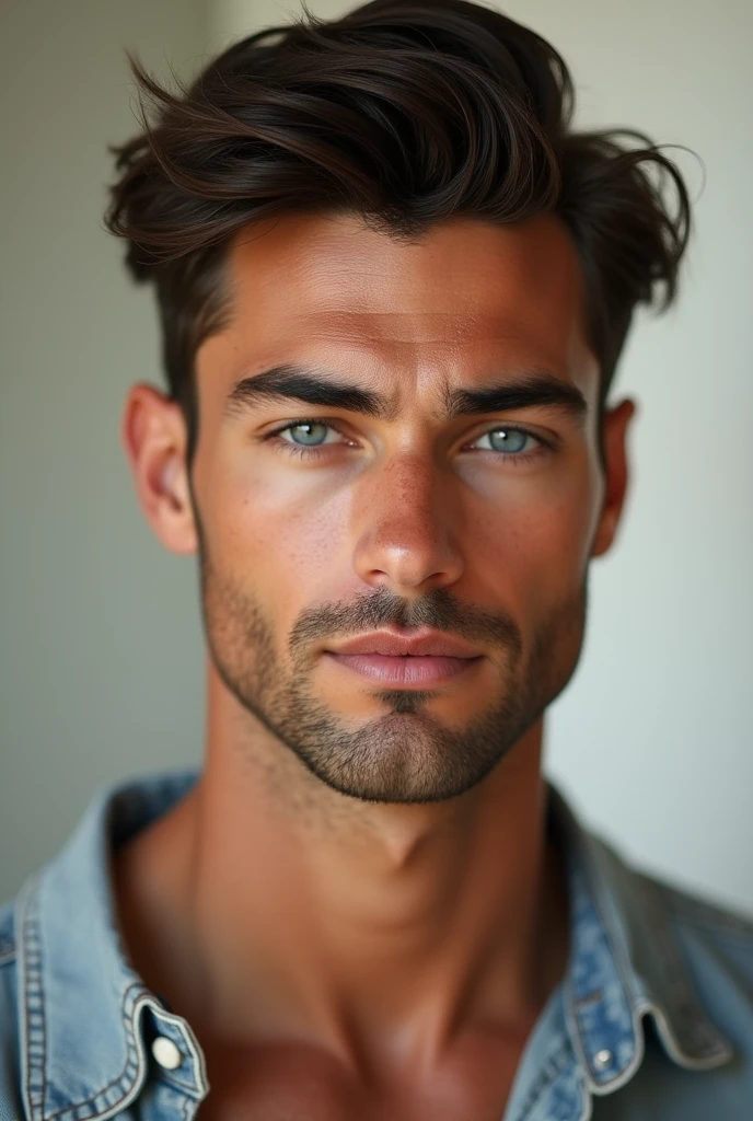 Hot Indian man with brown hair like Chico grey Blue eyes good facial structure without facial hair not even a bit but looks like European has golden brown White caramel skin 6’4 tall and has built of an athlete 

Make him fairer give him more of pretty boy face 
Don’t give him beard make him look like pretty boy even more 
Make him even browner hair 