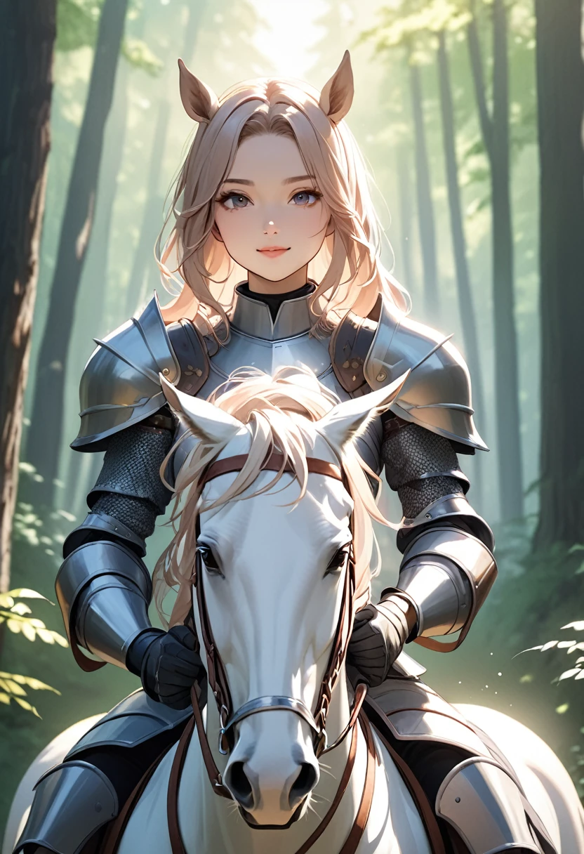 (masterpiece:1.5),(Beat quality),(high res),1girl solo,beautiful face,smileupper body,knight woman,Holding a sword in both hands,Riding a horse,forest
