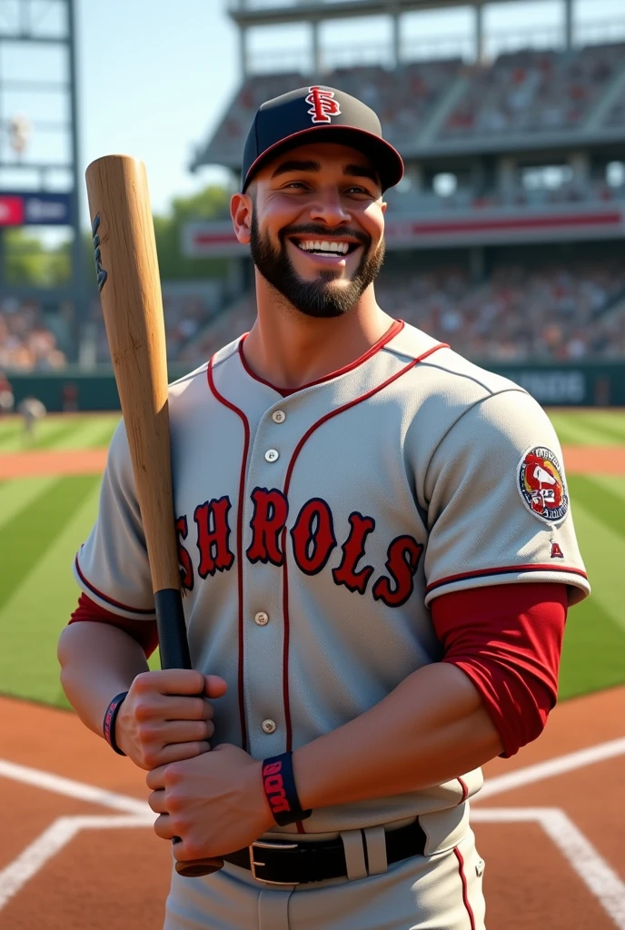 realistic longish baseball player smile grab baseball stick at field shoot by fotografer at corner
