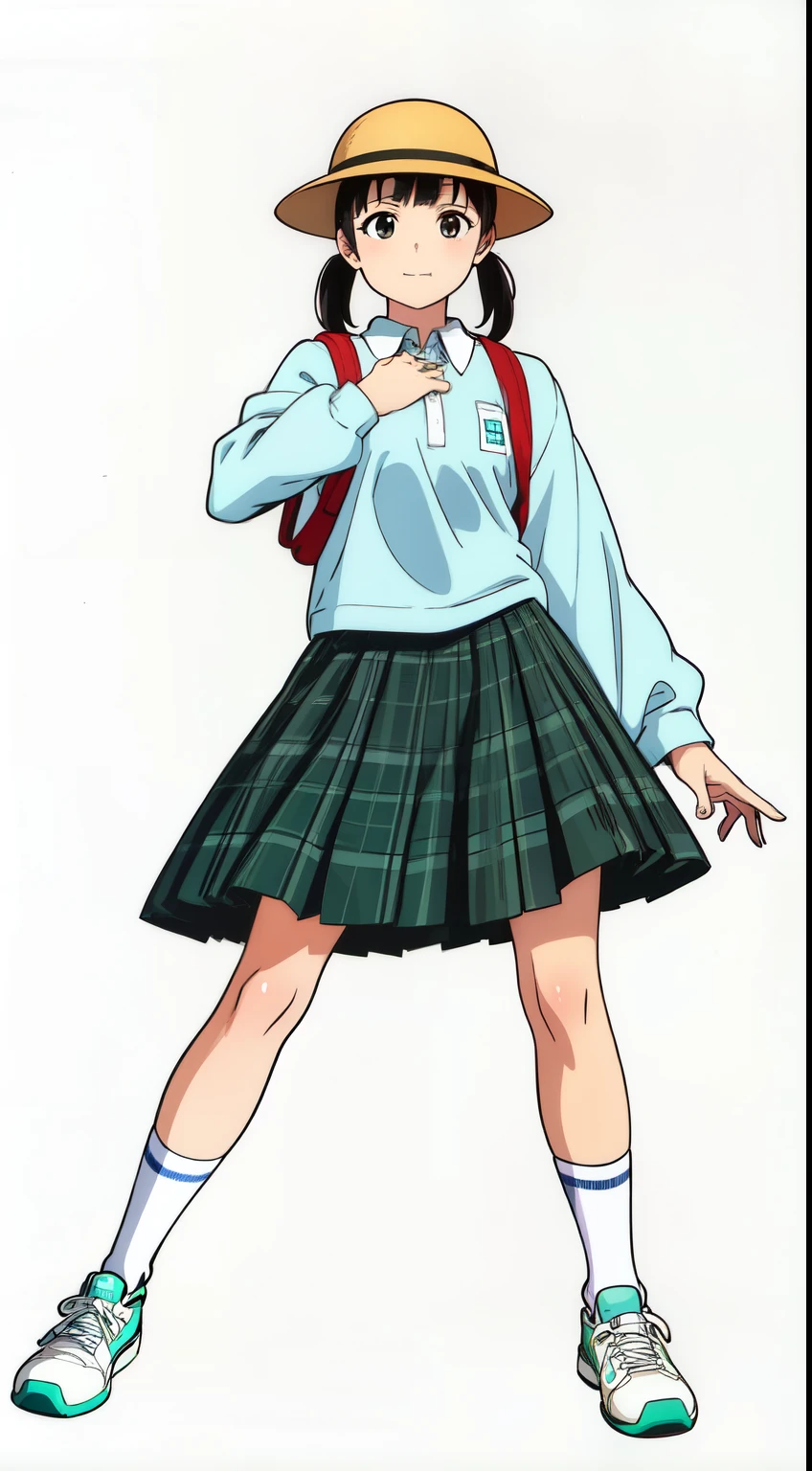 (white background:1.0), (best quality:1.0), (masterpiece:1.0), (super fine illustration:1.0), (beautiful artwork:1.0), (anime screencap:1.0), (official art:1.0), (full body:1.0), (solo:1.0), (a cute girl:1.0), (yellow hat:1.0), (red randoseru:1.0), (long skirt:1.0), (green tartan skirt:1.0), (pleated skirt:1.0), (aqua blue polo shirt:1.0), (long sleeve polo shirt:1.0), (name tag:1.0), (sneakers:1.0), (white socks:1.0), (ideal ratio body proportions:1.0), (lanky:1.0), (tall:1.0), (slender:1.0), (small breasts:1.0), (smaller face:1.0), (detailed beautiful eyes:1.0), (detailed beautiful face:1.0), (glowing black eyes:1.0), (short hair:1.0), (blunt bangs:1.0), (low twintails:1.0), (black hair:1.0), (standing:1.0), (looking at viewer:1.0)