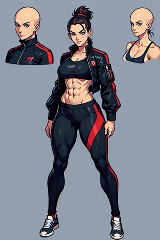 digital anime art, highly detailed, reference sheet, standing pose, feminine features, mature woman, adult female, muscular figure, six pack abs, bulky arms and legs, whole body, bald, form-fitting, bomber jacket, sports bra, yoga pants, ballerina shoes, 1woman, solo, upper body, lower body, ((Extremely Detailed)), ((Best Quality)), ((Masterpiece)), ((4k)).
