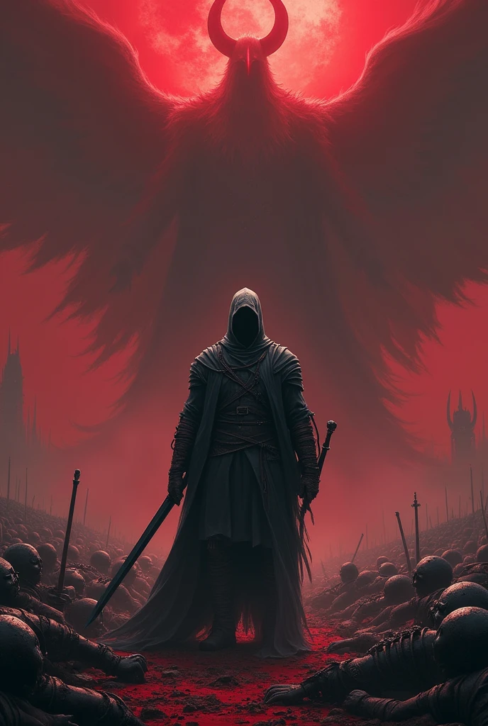 Bloody Sky,Wearing dark leather armor,Wearing a dark red mask,Holding a black short blade,Wearing a silver-grey cape,There is a huge shadow of a god behind,There are countless corpses under my feet