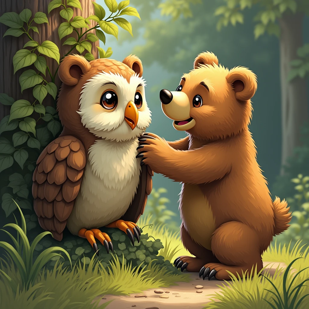 "Benny the bear carefully pulling an old, wise-looking owl out of a tangled bush. The owl looks grateful and slightly ruffled, while Benny smiles warmly at his successful rescue."