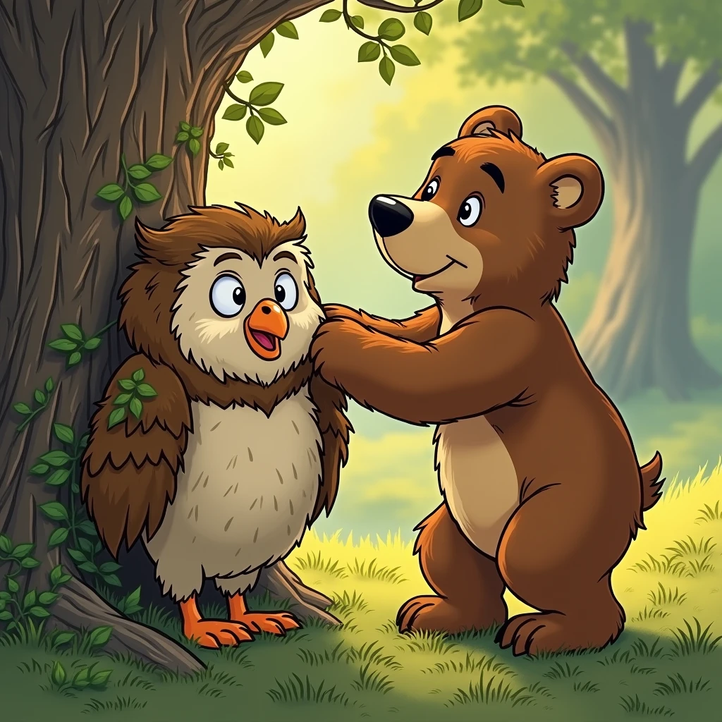 "Benny the bear carefully pulling an old, wise-looking owl out of a tangled bush. The owl looks grateful and slightly ruffled, while Benny smiles warmly at his successful rescue."