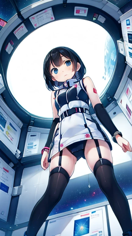 (Highest quality), (masterpiece), 1080P, High resolution, 4K, 8k, Inside the space station、Futuristic room、Thigh straps, Shooting from directly below, The woman on top of me, 白いSweat, Covered , Sweat, Woman looking down, Skirt swimsuit, Thigh-high socks, To achieve this, , , whole body, Black leather shoes, Braided hair, Inner Color, Embarrassed face, Short black hair, bracelet, Bedroom,celestial body_Vest
