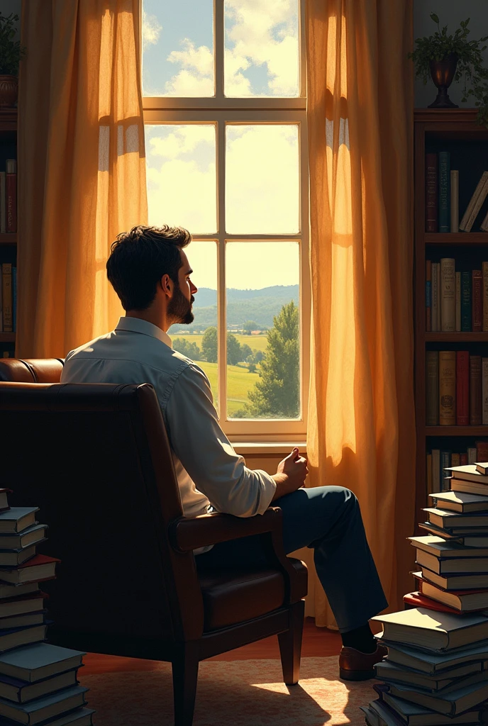 Une homme regardant le paysage à travers une fenêtre de chambre le dos tourne entouré de livres de finances