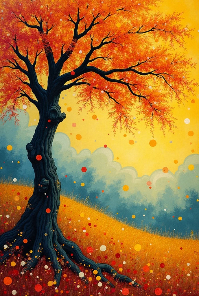 Gemstone hanging tree japanoisme Gustav Klimt full on Abstract easy-on-the-eye colourscheme shimmer and lightstreaks butter yellow