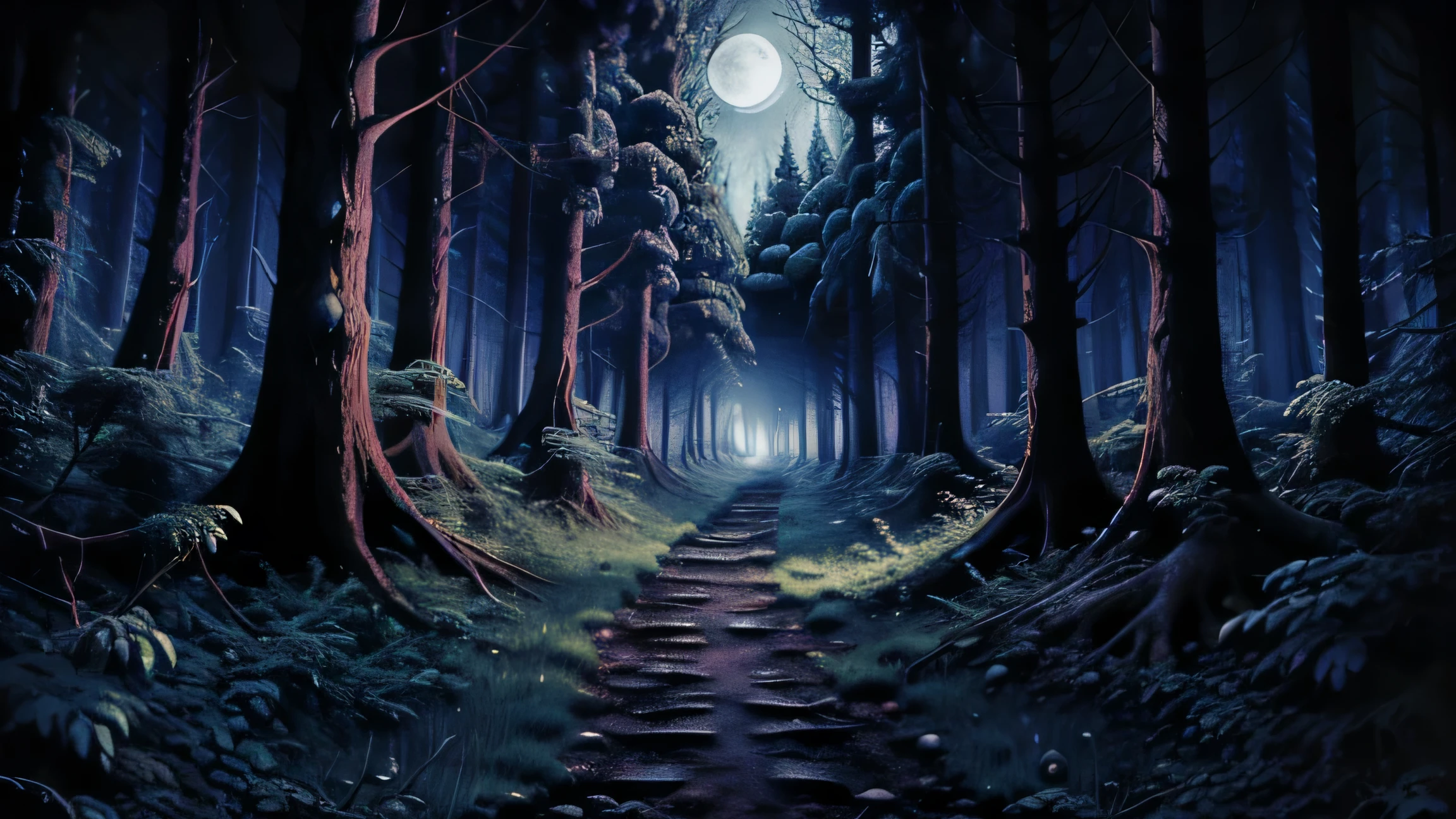 A close up of a path in a forest with a full moon - SeaArt AI