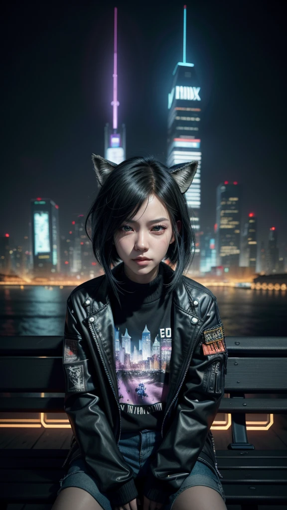 a close up of a person on a bench with a city in the background, cyberpunk art inspired by Ross Tran, trends on Pixiv, furry art, ross tran style, ross tran. scenic background, rossdraws e jazza, trends on cgstation, cyberpunk anime digital art, Guweiz, in the style of ross tran, ross tran 8k