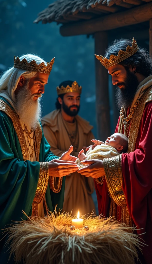 Create an epic looking video clip where the Three Wise Men are offering gifts to Baby Jesus, Mary and Joseph in the Nativity scene. Mary, Joseph and Baby Jesus are very beautiful. Baby Jesus looks at the Three Wise Men and looks at the offered gifts and smiles happily. The Three Wise Men of Christmas. They are three very handsome and handsome young kings with beards. They are looking at Baby Jesus with a look of admiration, with a kind gesture, showing confidence, power and showing respect to Baby Jesus. They have very luxurious suits and warrior armor. They have crowns. The first of the three Kings has white hair and beard and is of Norwegian appearance. The second of the three Kings has black hair and black beard and is of Iranian/Persian appearance. The third King is a handsome and bearded young African man. Epic comic style of dark fantasy medieval warrior.