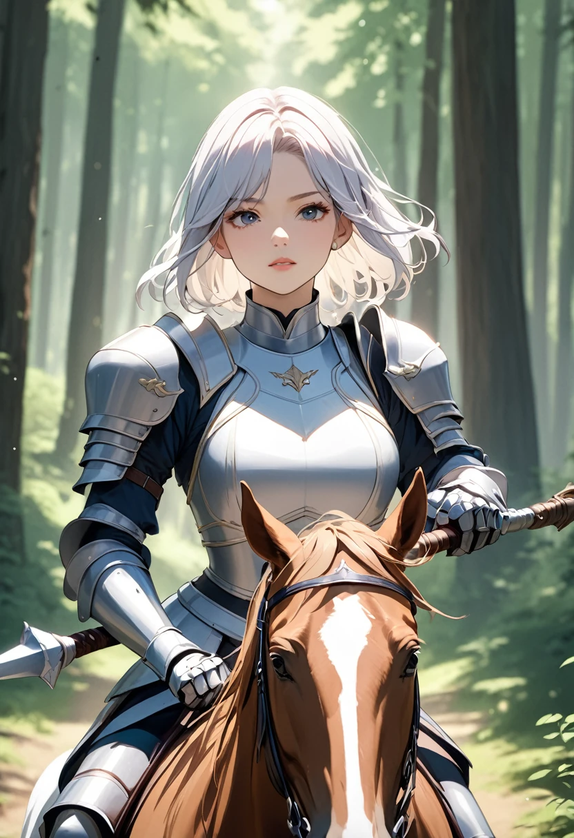(masterpiece:1.5),(Beat quality),(high res),1girl solo,beautiful face,upper body,Female knight with a spear,Riding a horse,forest