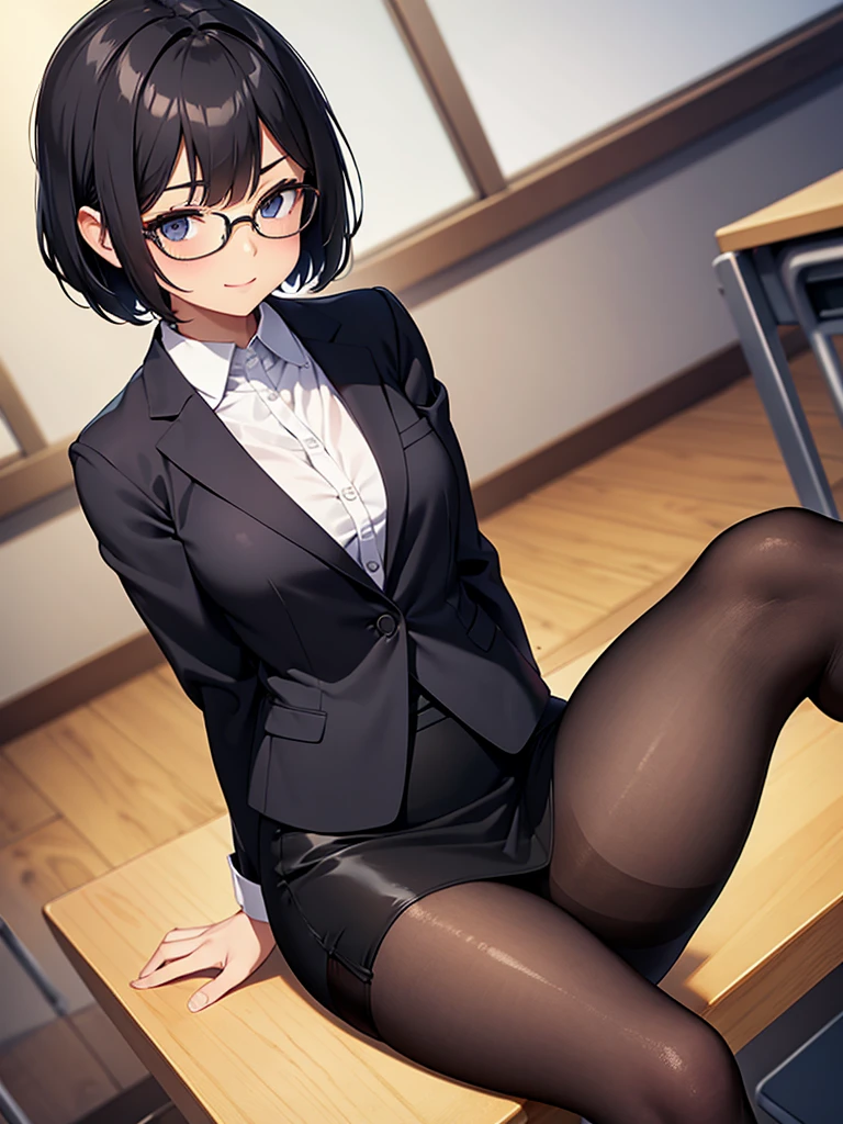 masterpiece, best quality, high definition images, atmospheric perspective, expressive eyes, perfect face, ultra detailed, solo, 1mature seductive woman while undressing, sitting on desk, alluring pose, sexy, black short bob hair, simple glasses, calm smile, shy, female teacher, business suit, jacket, blouse, pencil skirt, tight mini skirt, lifting skirt, spread legs, black panties, curvy, thighs, pantyhose, high heals, in study room,